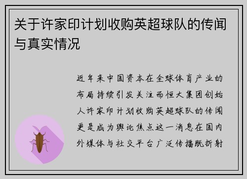 关于许家印计划收购英超球队的传闻与真实情况